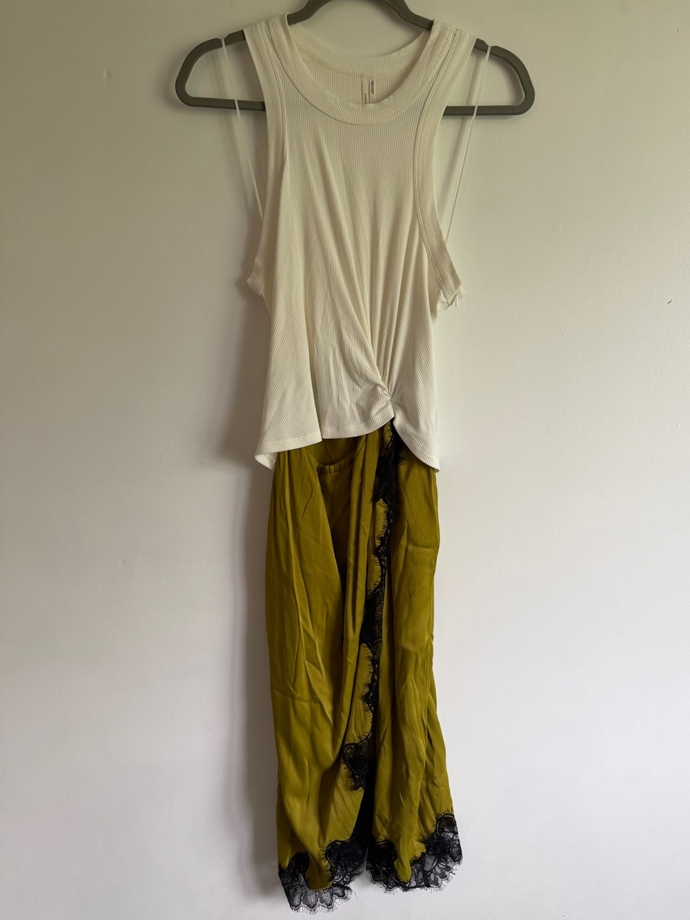 Anthropologie Ribbed Twist Tank with Olive Green Lace-Trim Skirt Twofer Dress